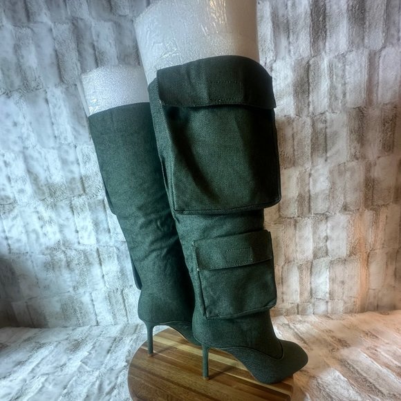 Unique Green Denim Heel Boots With 2 Pockets With Velcro Closures - Picture 4 of 9